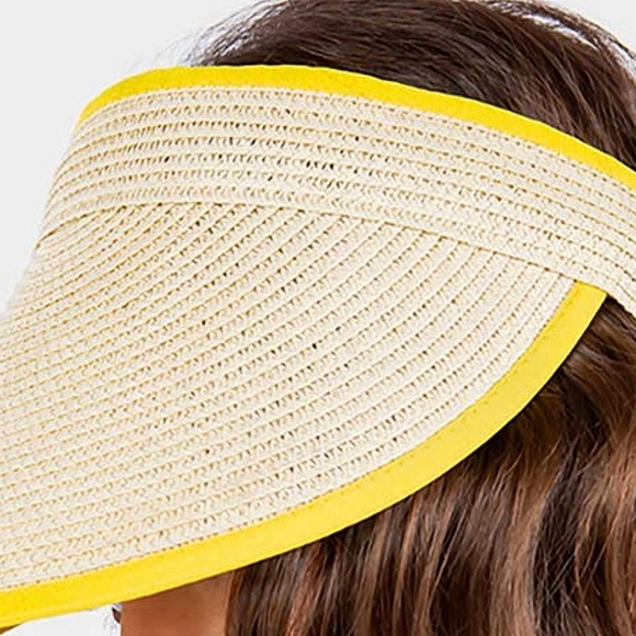 Yellow Trimmed Brim Straw Visor Womens Sun Hat Cap Cute Statement Accessory - Picture 2 of 3
